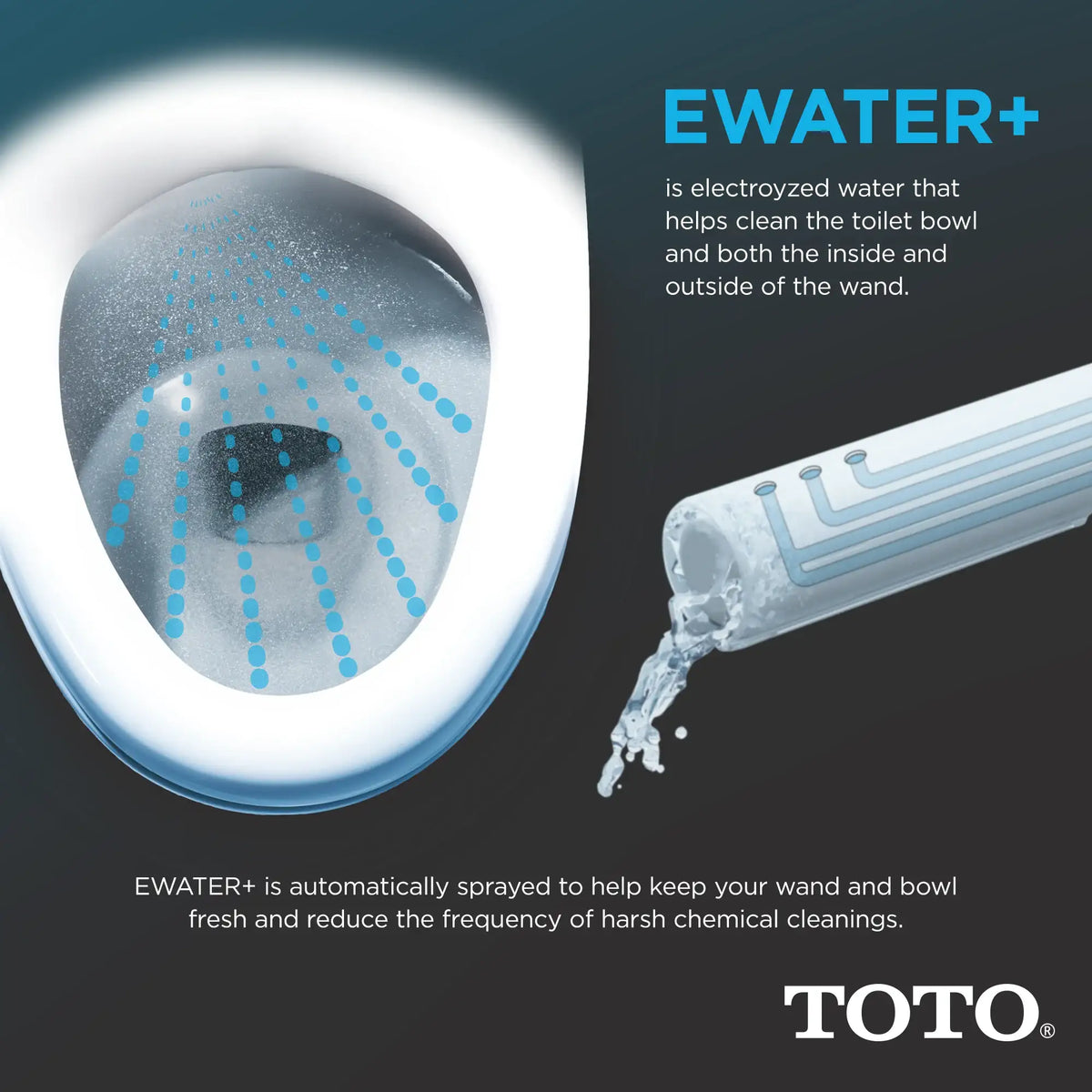 Infographic of TOTO eWater+ automatically misting the wand and bowl to keep them fresh and reduce harsh chemical cleaning