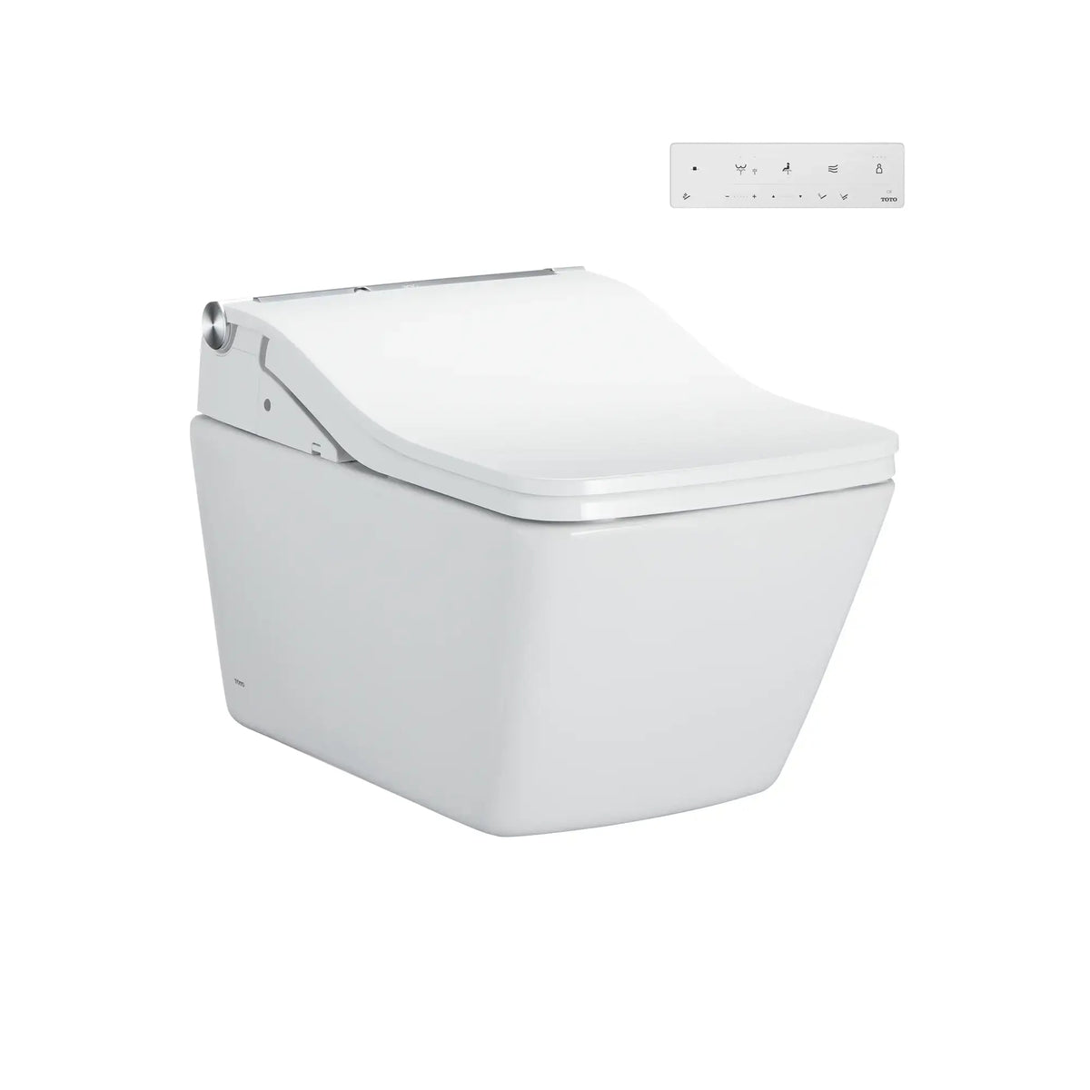 TOTO WASHLET+ SP square wall-hung toilet with SW bidet seat, lid closed, and wall-mounted remote control, Cotton White