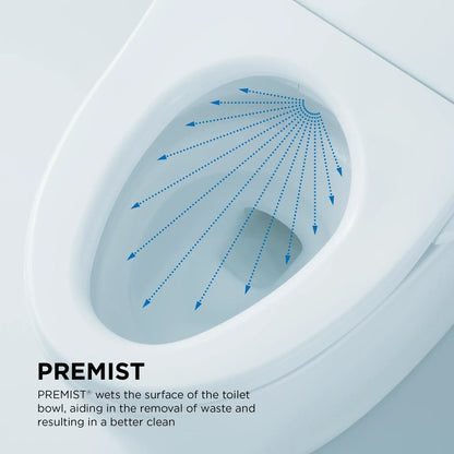 Infographic of TOTO PREMIST wetting the bowl surface before use to reduce waste sticking for a cleaner bowl
