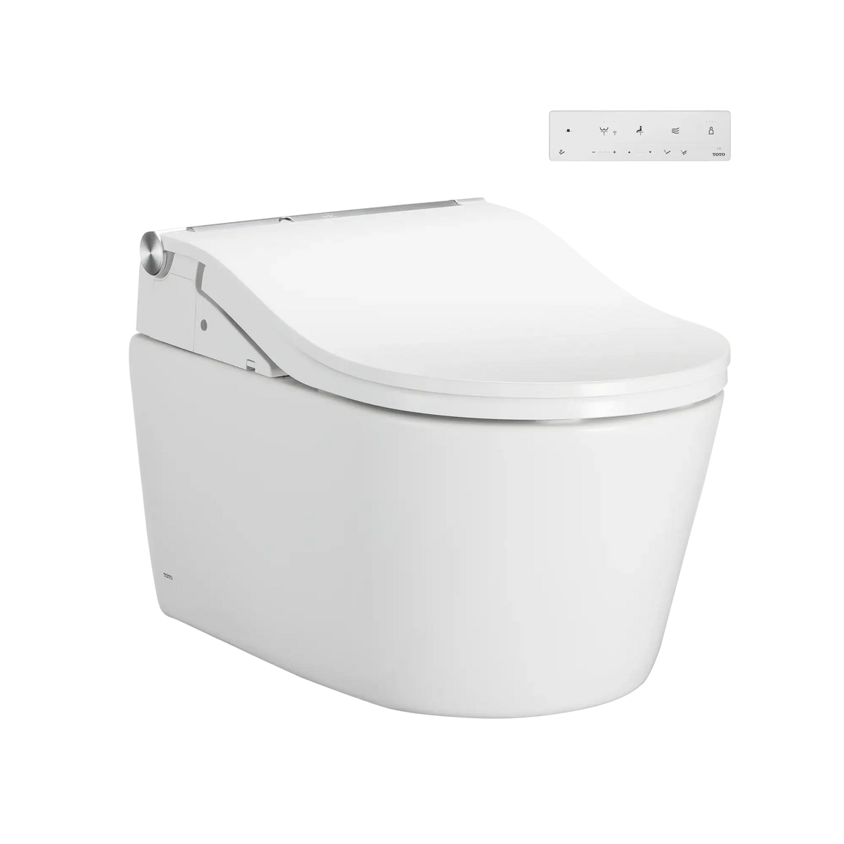 TOTO WASHLET+ RP D-shape wall-hung toilet with RW bidet seat, lid closed, and wall-mounted remote control, Cotton White