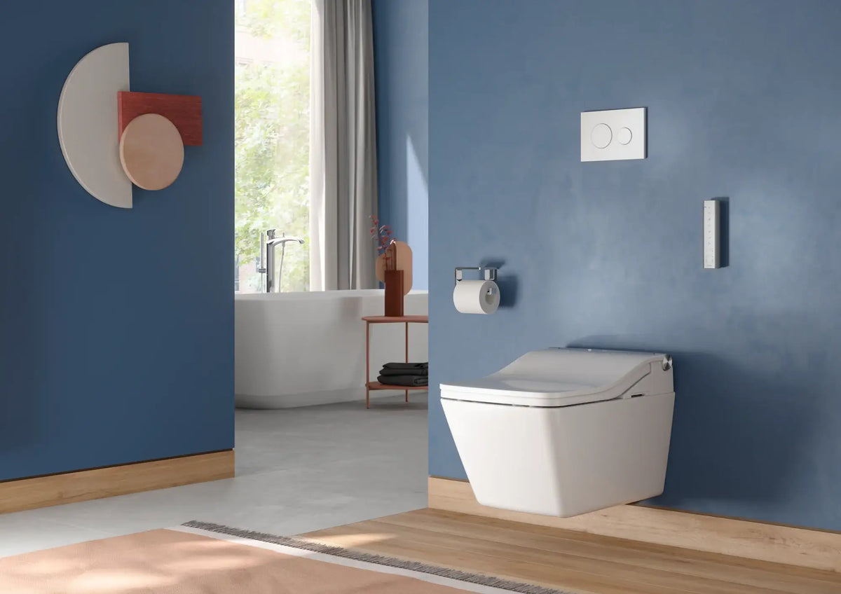 Modern bathroom featuring the TOTO WASHLET+ SP wall-hung toilet with SW bidet seat against a blue wall