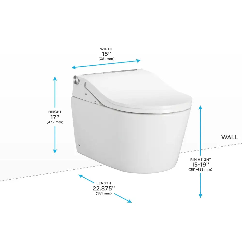 Dimension diagram of the TOTO RP wall-hung toilet showing width, height, seat height and length measurements relative to the wall
