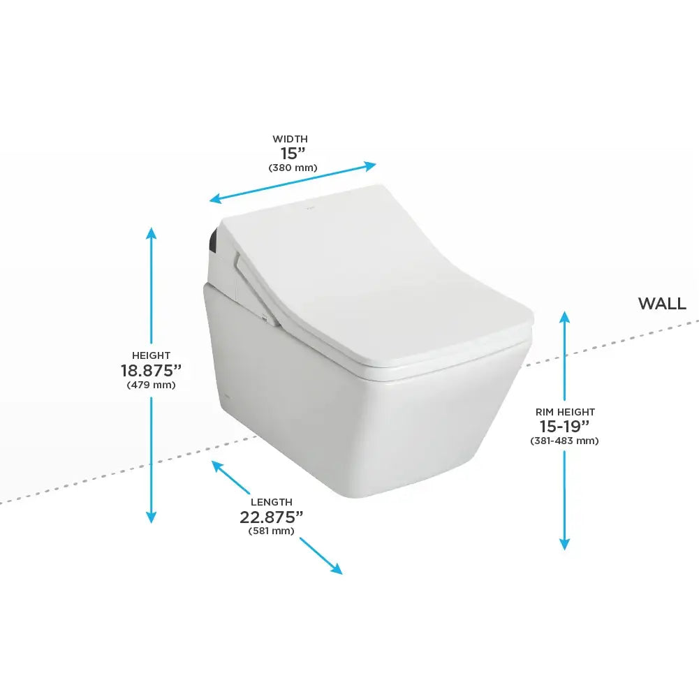 Dimension diagram of the TOTO SP wall-hung toilet showing width, height and projection measurements relative to the wall